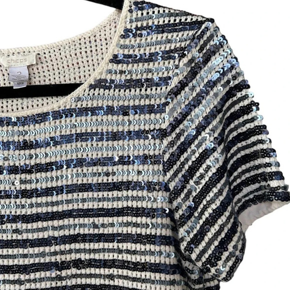 Chico's Women's Starlet Sequin Striped Holiday Top Size 12 Large (Chico's 2) - Picture 9 of 11